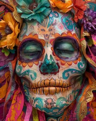 a close-up of a beautifully crafted calavera mask with intricate designs and vibrant hues