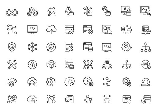 DevOps editable icon set, automation, deployment, agile workflows, software development, infrastructure, continuous integration, cloud computing, monitoring, scalable system, vector illustration.