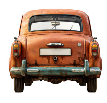 Fototapeta Vintage orange car rear view showing rust and decay isolated on black background