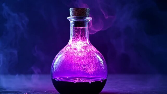 Potion in glass bottle with smoke, esoteric or chemistry concept