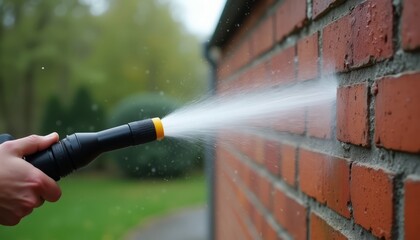 Cleaning Brick Wall with High-Pressure Washer