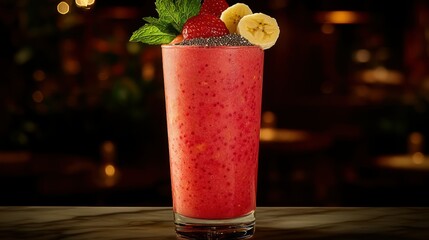 Vibrant red smoothie, topped with fruit and seeds