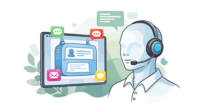 Customer service representative with headset and tablet showing message notifications online support