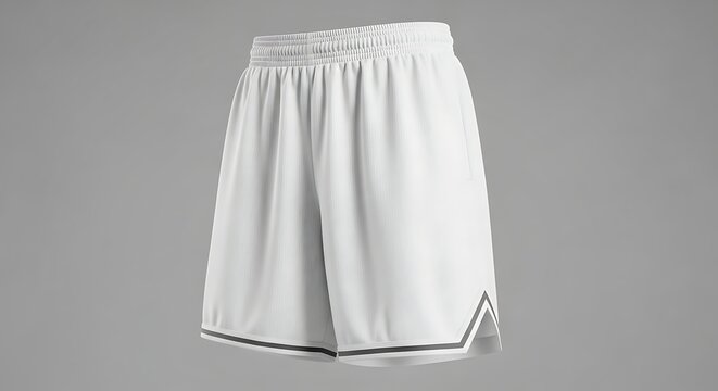Blank White Basketball Shorts with Modern Black Stripe Details Isolated on Grey. Ghost Mannequin Sportswear Mockup, Ideal for Athletic Apparel Branding and Team Uniform Design. - Powered by Adobe