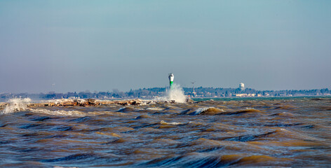 Winter in Wisconsin. The waves of the lake Michigan crashing on the shore