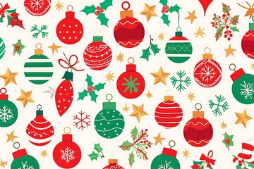 Festive seamless pattern with christmas ornaments holly and golden stars