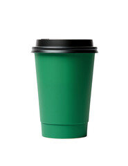 Fresh green coffee cup with a black lid isolated on black background