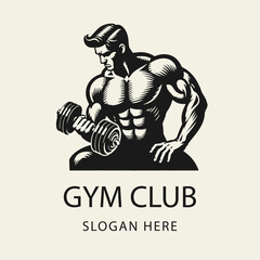 Black and white flat vector logo of a muscular man training with dumbbells. Ideal for gym logos, personal trainers, fitness apparel, and strength workout concepts.