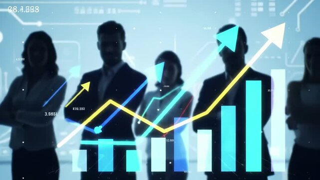 Business team analyzing growth charts and financial data visualization. Corporate meeting with upward trending arrows and statistical analytics. Professional strategy planning with digital dashboard - Powered by Adobe