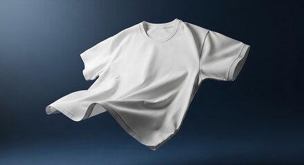 Blank White Crew Neck T-Shirt Mockup Floating in Air on Dark Blue Background &ndash; Isolated Apparel Garment for Design, Branding, and Product Presentation with Soft Folds