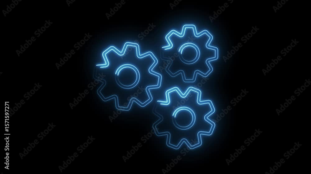Poster neon glow three gear rotating mechanism animated loop on black background