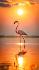 Fototapeta premium Serene Flamingo at Sunset: Vibrant Orange Hues, Calm Water Reflection, Peaceful Wildlife Scene