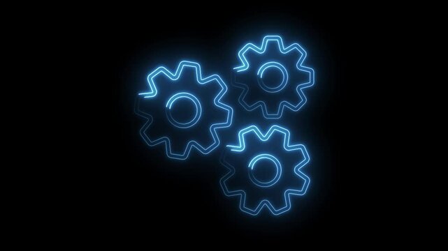 Neon glow three gear rotating mechanism animated loop on black background
