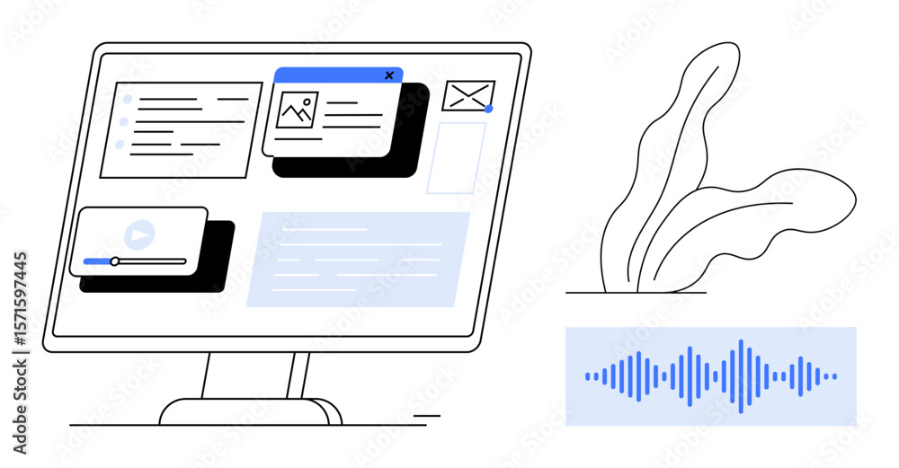 Poster computer monitor displaying multimedia content, notifications, and text, alongside audio waveform an