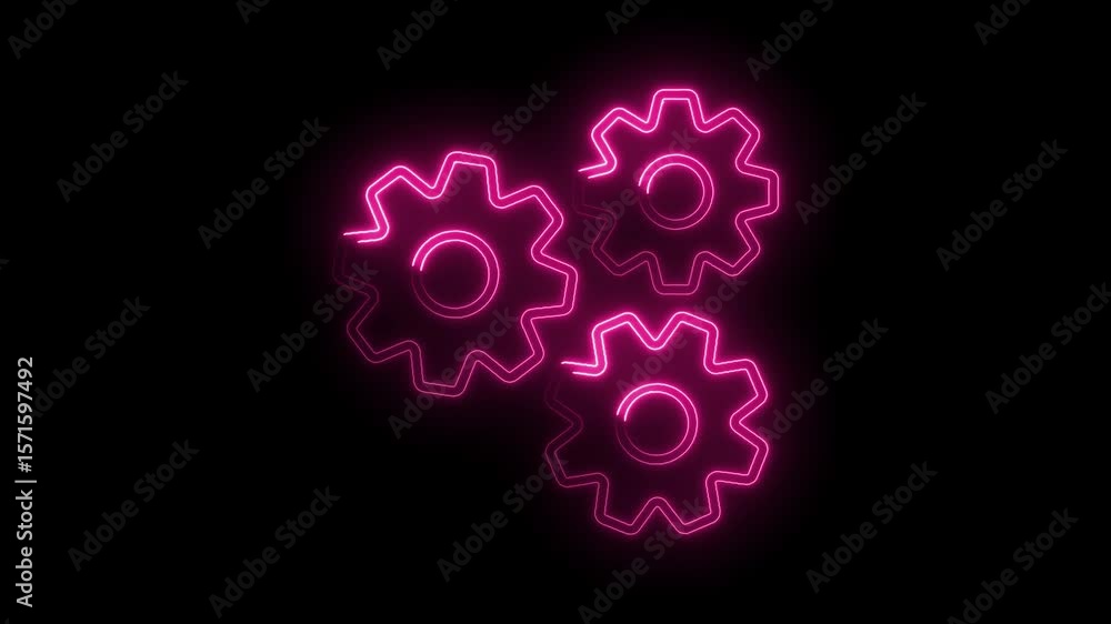 Poster pink neon cogwheels rotating on a black background representing connection and mechanics