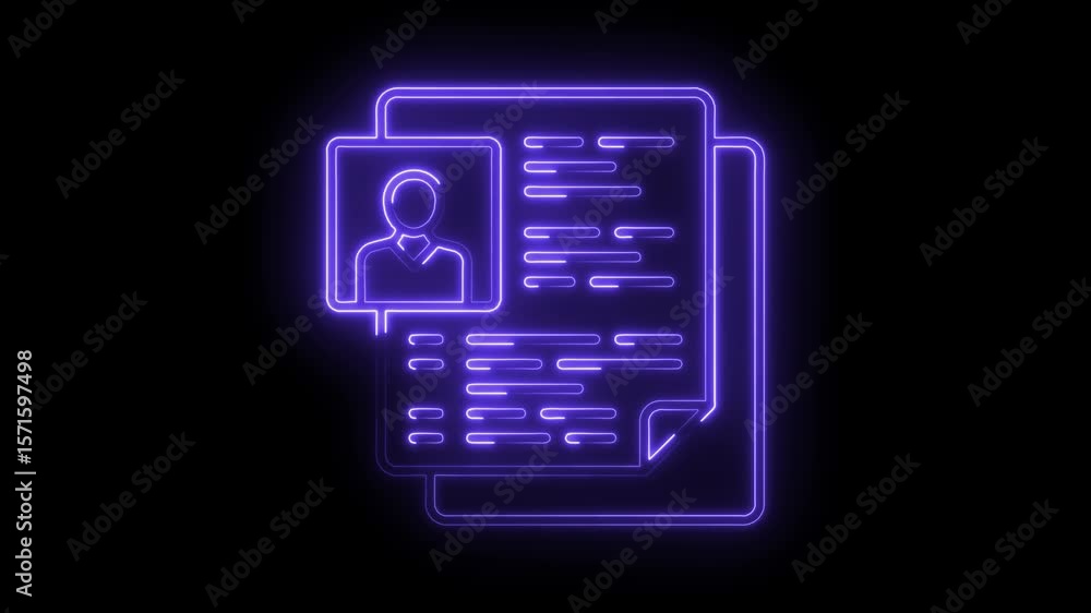 Poster neon style cv profile resume concept glowing lines on black background seamless loop animation