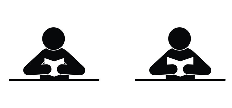 Cartoon person reading a book. Read a newspaper paper. learn book icon or symbol. Studying, school concept. Book reader logo. Student, learns from books. World book Day.