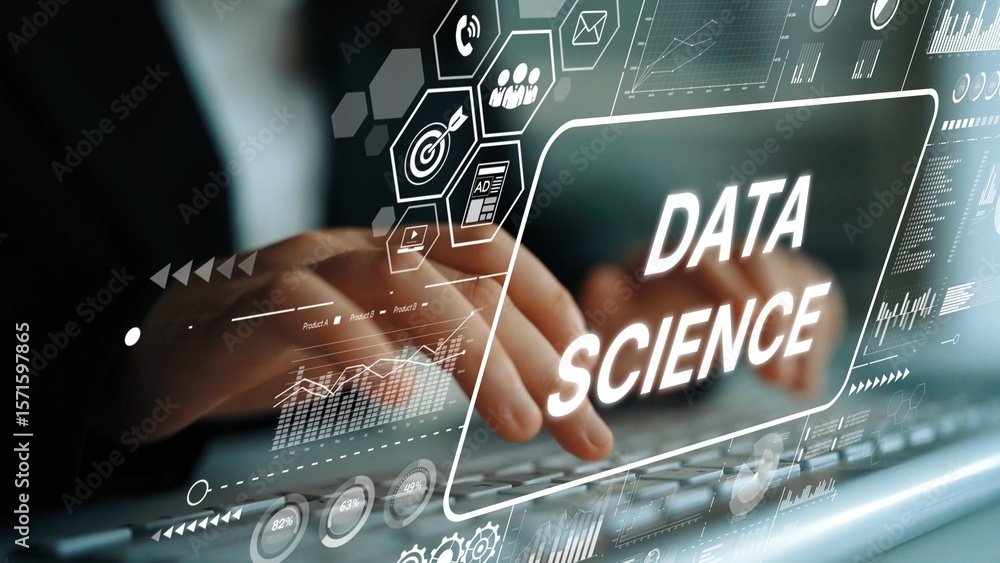 Poster professional hands typing on keyboard with data science visuals and analytics overlay in modern offi