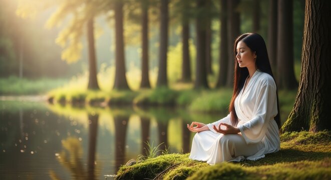 Young woman finds inner peace with meditation in nature by a tranquil lake surrounded by a serene forest