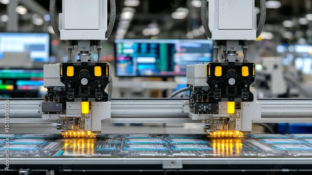Poster a cleanroom production line with synchronized robotic arms assembling semiconductor units on polishe