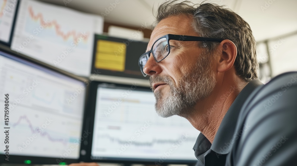 Poster professional man analyzing financial data on multiple screens in a modern office during daytime hour