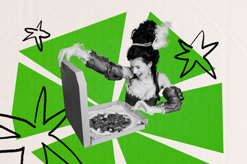 Full 3d zine pop trend collage of excited duchess girl hold pizza box pizzeria order fast food...
