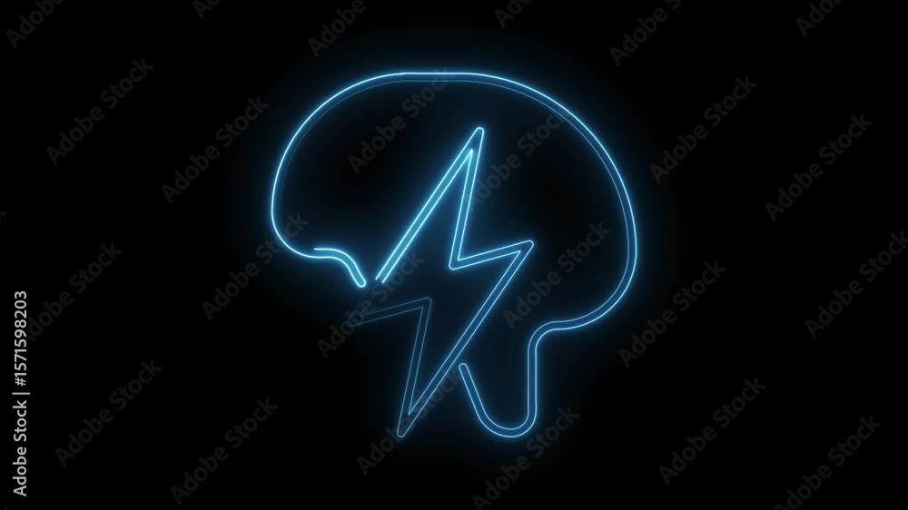 Poster brainstorm creative idea concept with neon light thunder and brain shape on black background