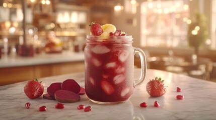 Vibrant red smoothie with fruit garnishes