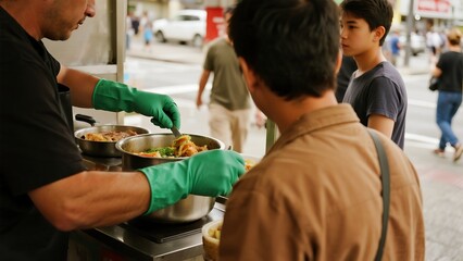 Obraz premium Food vendor prepares Asian cuisine on the street, serving lunch to waiting customers in a busy city environment.