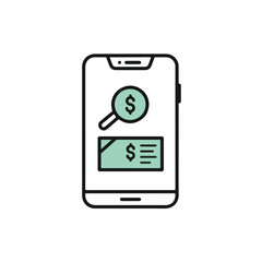 Mobile phone screen displaying a magnifying glass with a dollar sign and a bank check.