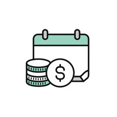 A financial calendar featuring a stack of coins with a dollar sign.