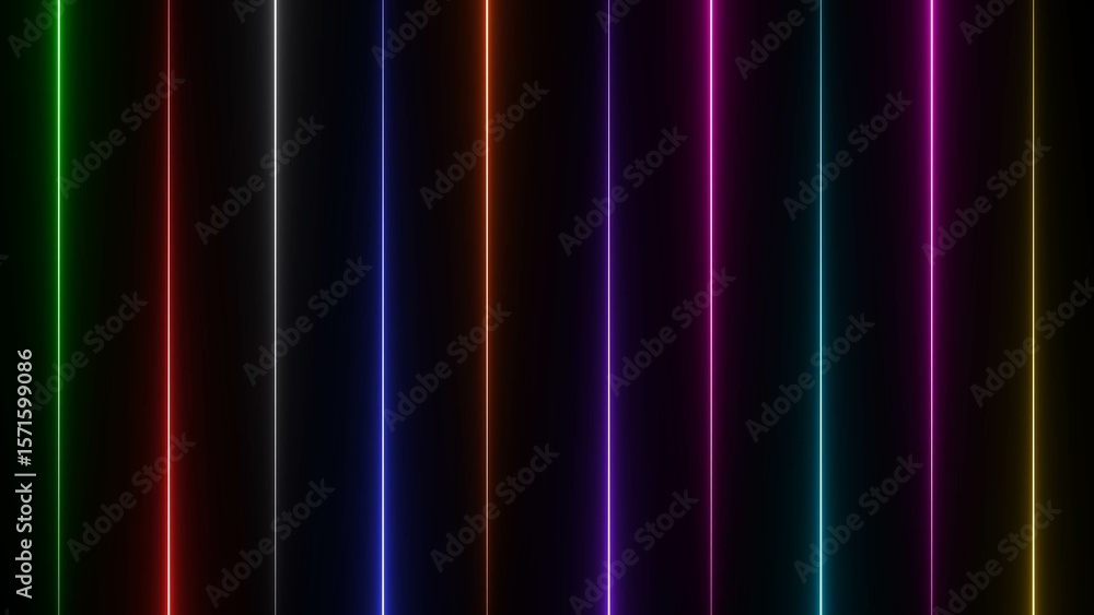 Poster vertical lines of vibrant neon colors on a black background creating an abstract and modern visual a