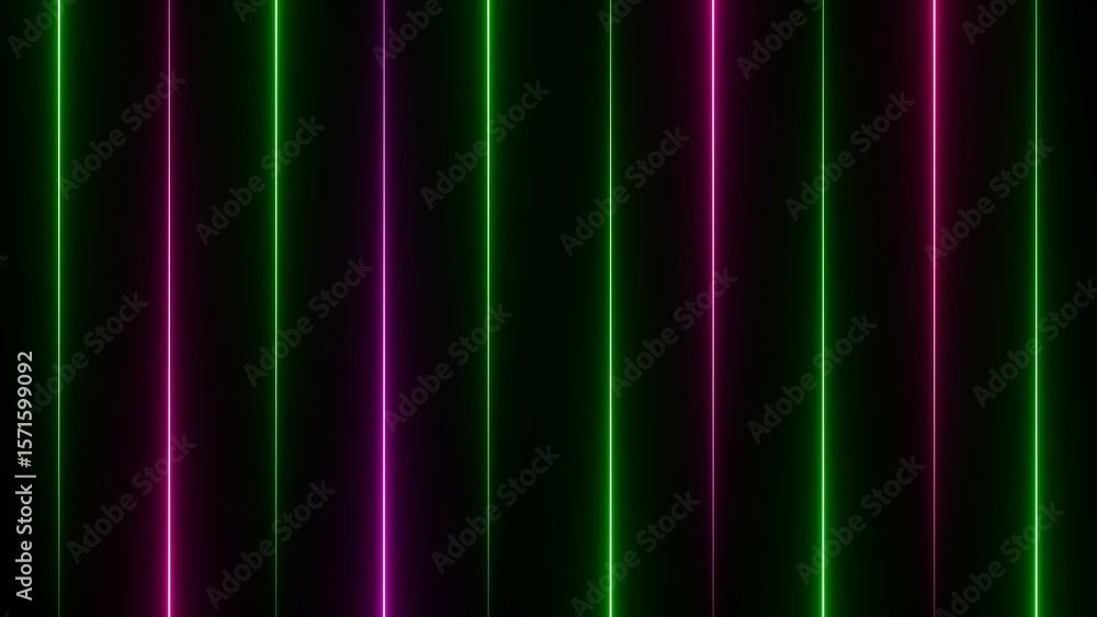 Poster abstract vertical glowing neon lines in green and purple colors on a black background creating a mod