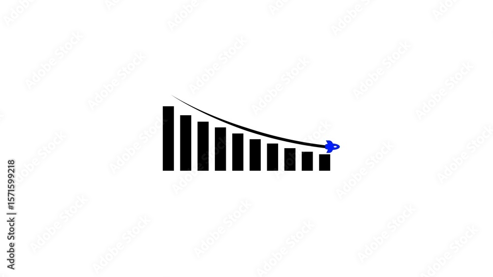 Poster business downfall financial decline conceptual illustration featuring a bar chart and a rocket symbo