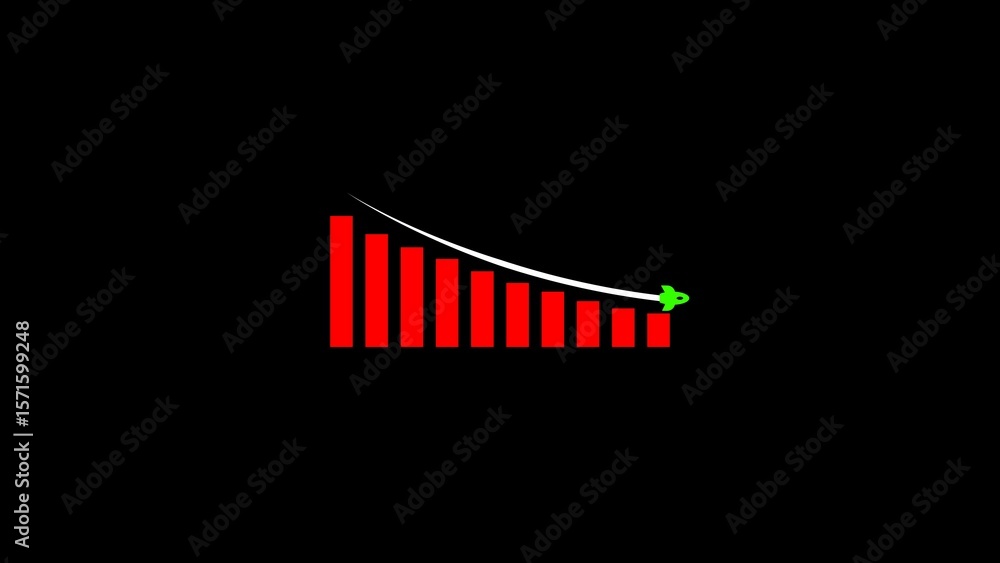 Poster illustration of a red declining bar chart with a rocket symbolizing a fall in value against a black 