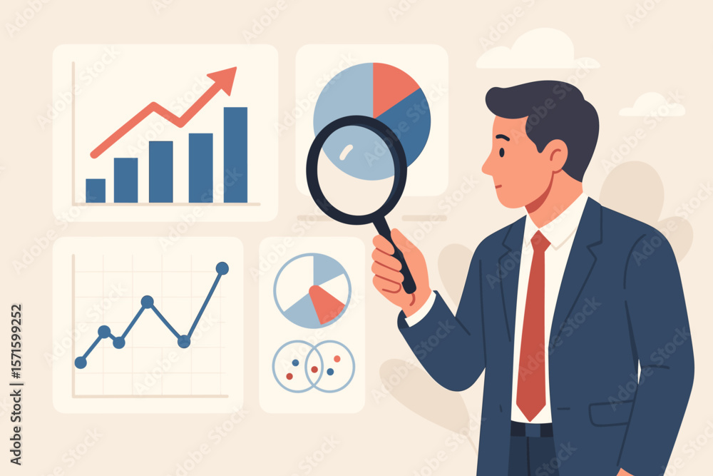 Poster data analysis report and research results. businessman with magnifying glass examines a dashboard wi