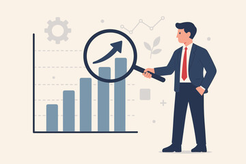 Obraz premium Businessman with magnifying glass analyzing KPI performance. Key performance indicator metrics and measurement for success. Business growth evaluation, result analysis concept.