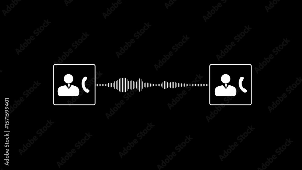 Poster conceptual illustration of a phone call conversation with connected caller icons and a dynamic audio