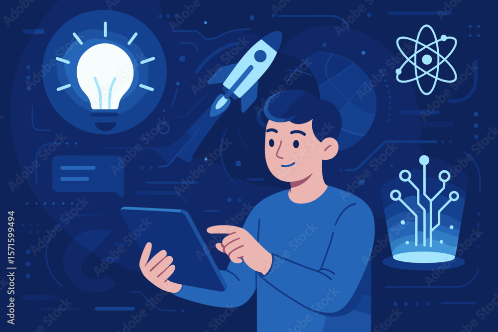 Aufkleber innovation and technology concept with man using tablet. idea lightbulb, startup rocket and science 