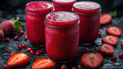 Vibrant red smoothies in jars, garnished with fresh strawberries and pomegranate seeds
