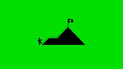 A stylized illustration representing the journey towards achieving a goal depicted by a person climbing a mountain towards a flag symbolizing success with a vibrant green background