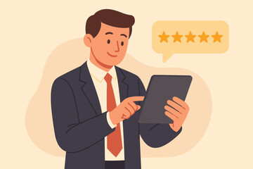Customer satisfaction concept. Businessman using tablet giving a five star rating. Positive feedback review for excellent service or product quality. Client satisfaction survey.