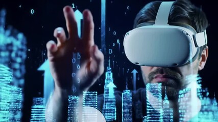 Man wearing vr headset interacting with holographic digital interface, binary code data streams. Virtual reality technology concept with futuristic cityscape projection, immersive computing experience - Powered by Adobe