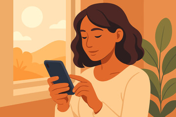Woman using smartphone in the morning. Relaxed girl checking social media on her phone at home by the window. Modern flat vector illustration of a digital lifestyle concept.
