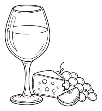wine glass, cheese, grapes, black and white clip art preview