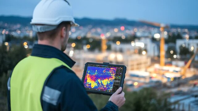 A construction worker in a high-visibility vest and hard hat holding a tablet displaying vibrant thermal imaging scans of building structures, with glowing red, yellow, and blue he