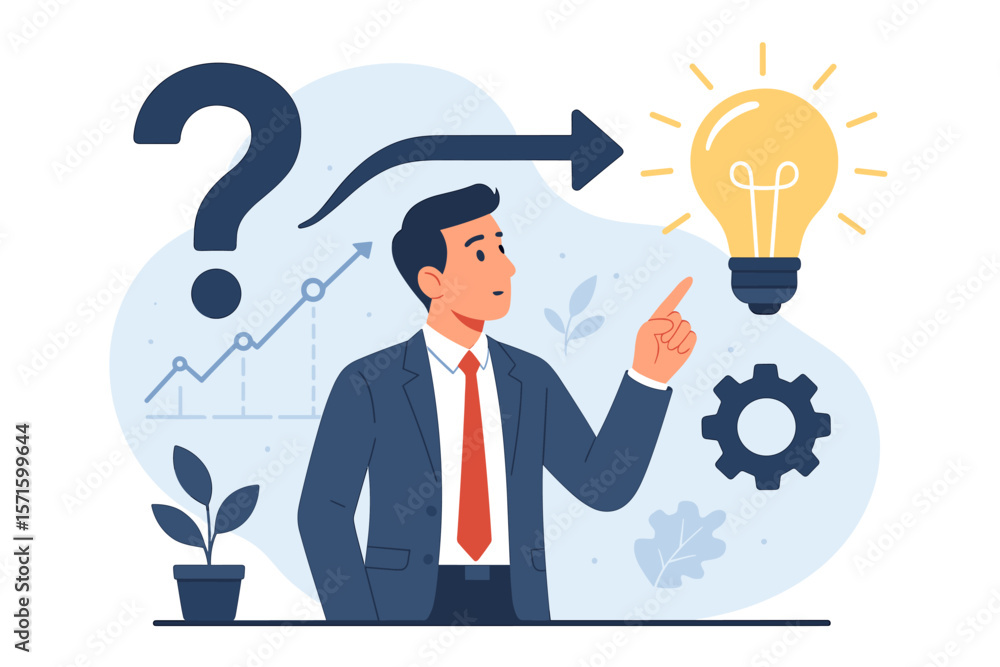 Poster creative thinking for business solution. businessman transforms question into a successful idea. pro