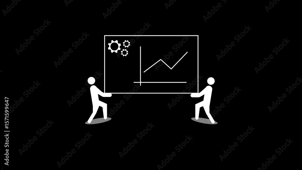 Poster business teamwork presentation with two stick figures displaying a graph and gear symbols in a moder