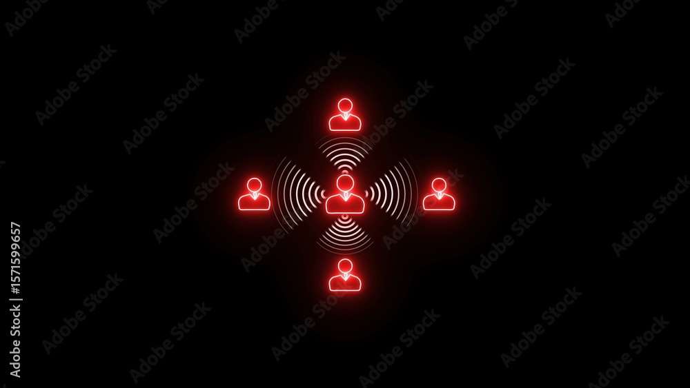 Poster network of connected people showing signals in red neon glow on a black background illustrating comm