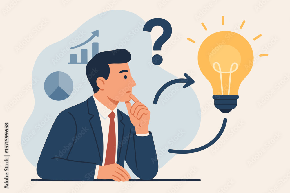 Poster problem solving concept. businessman thinking of a creative idea for business solution. from questio